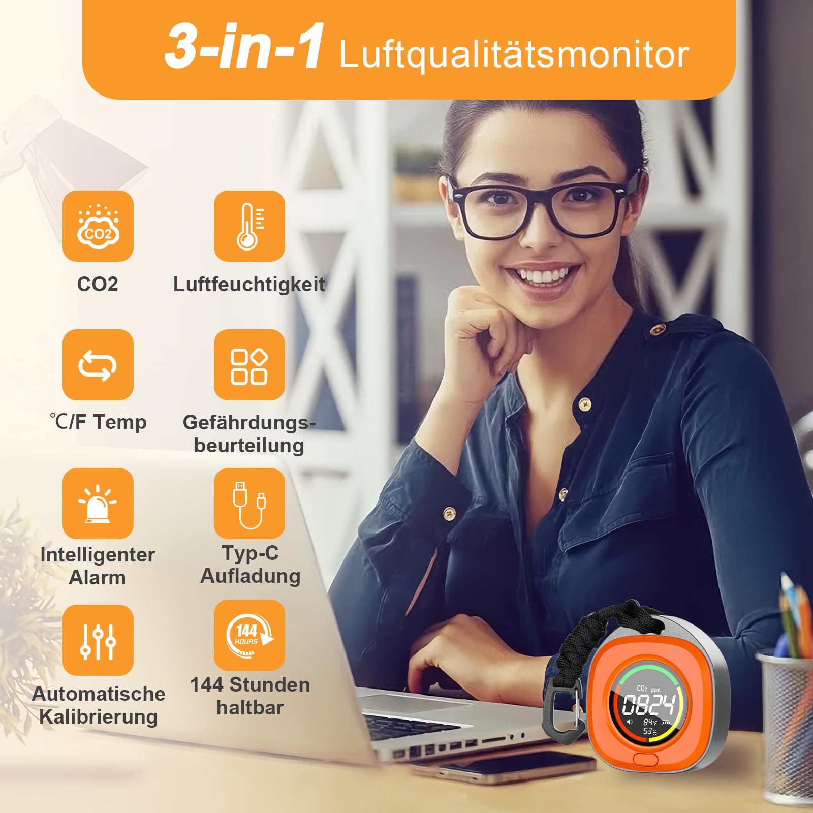 Détecteur de CO2 Portable, Moniteur Qualité Air Intérieur Detecteur CO2 avec Capteur NDIR et Ecran LCD, Moniteur CO2 avec Alarme pour Maison,Bureau