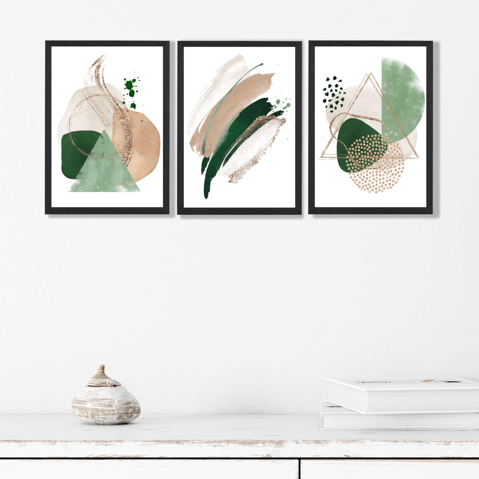 ARTZE Set of 3 Abstract Green and Beige Wall Art Prints Only Size: (A4-21 x 29.7 cm)