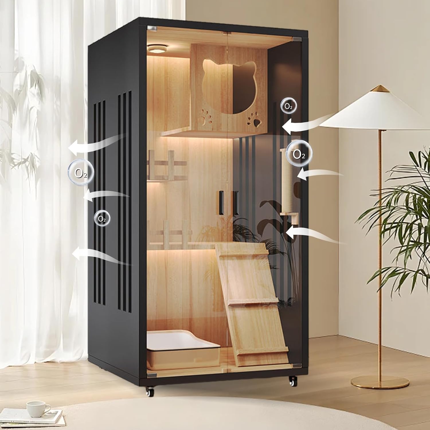 Image showing the cat house with arrows indicating airflow through the side panels, highlighting the ventilation feature.
