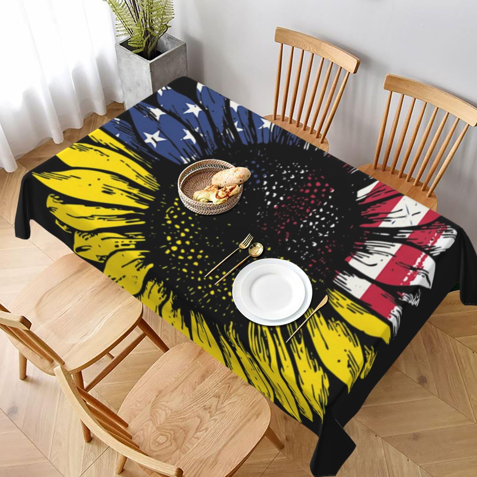 BNVSADC Sunflower American Flag Printed Rectangle Tablecloth 228x152 CM, Water Resistant Polyester Table Cloth Decorative Fabric Table Covers for Kitchen Dining Table Parties Camping