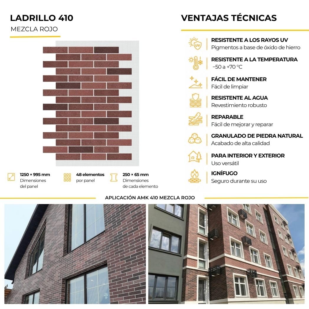 AMK Paneles Decorativos para Pared – Revestimiento de Piedra Artificial (Marmorsplitt) – Imitación Ladrillo – 10 Paneles (9.4 m²) – 410 Mix-Rojo – Para Fachadas e Interiores