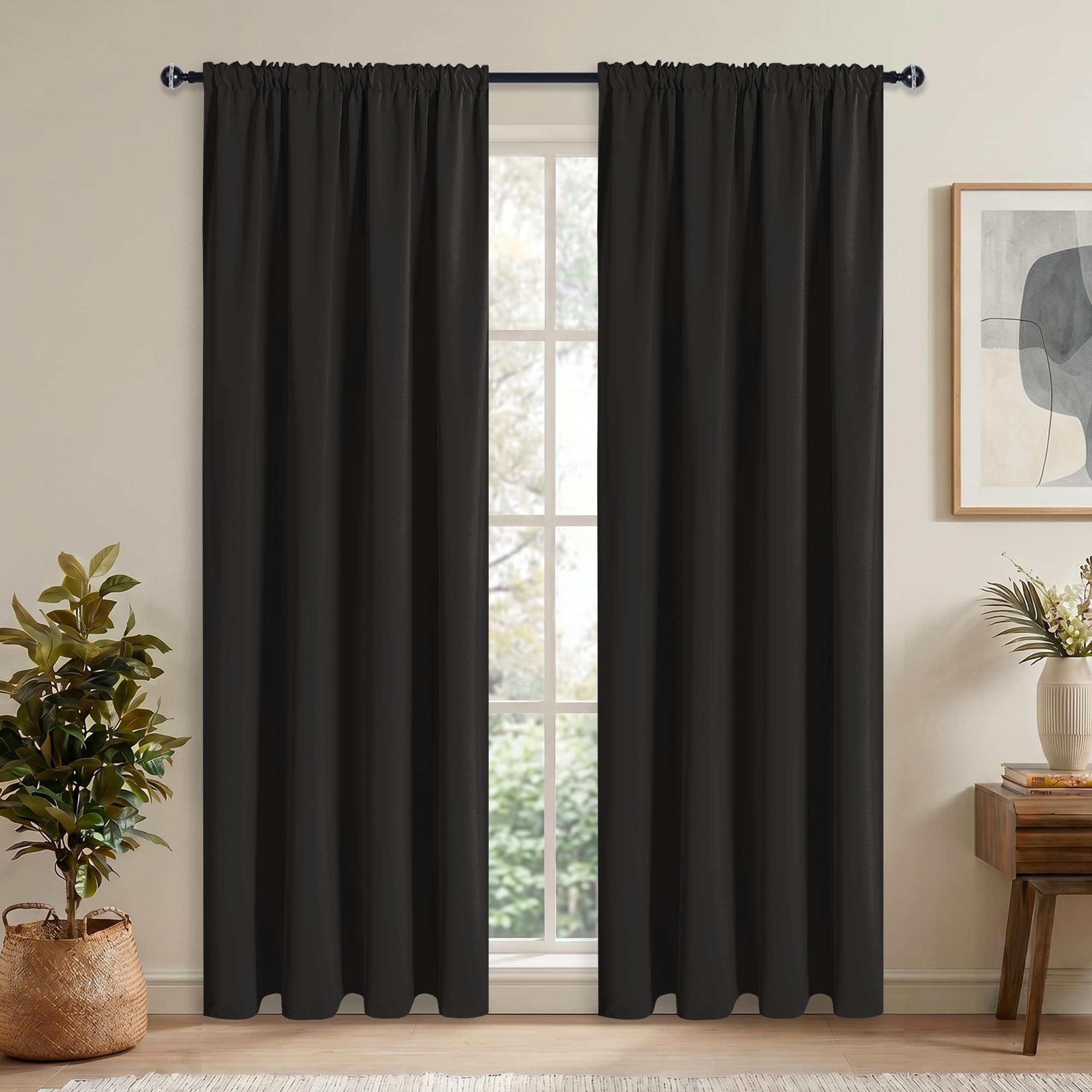 Hiasan Gardinen Verdunkelungsgardinen, Schwarz 245x140 cm(H x B), 2er Set | Thermogardinen und Kälteschutz mit Kräuselband, blickdichte Vorhänge für Wohnzimmer und Schlafzimmer inklusive Krawatten
