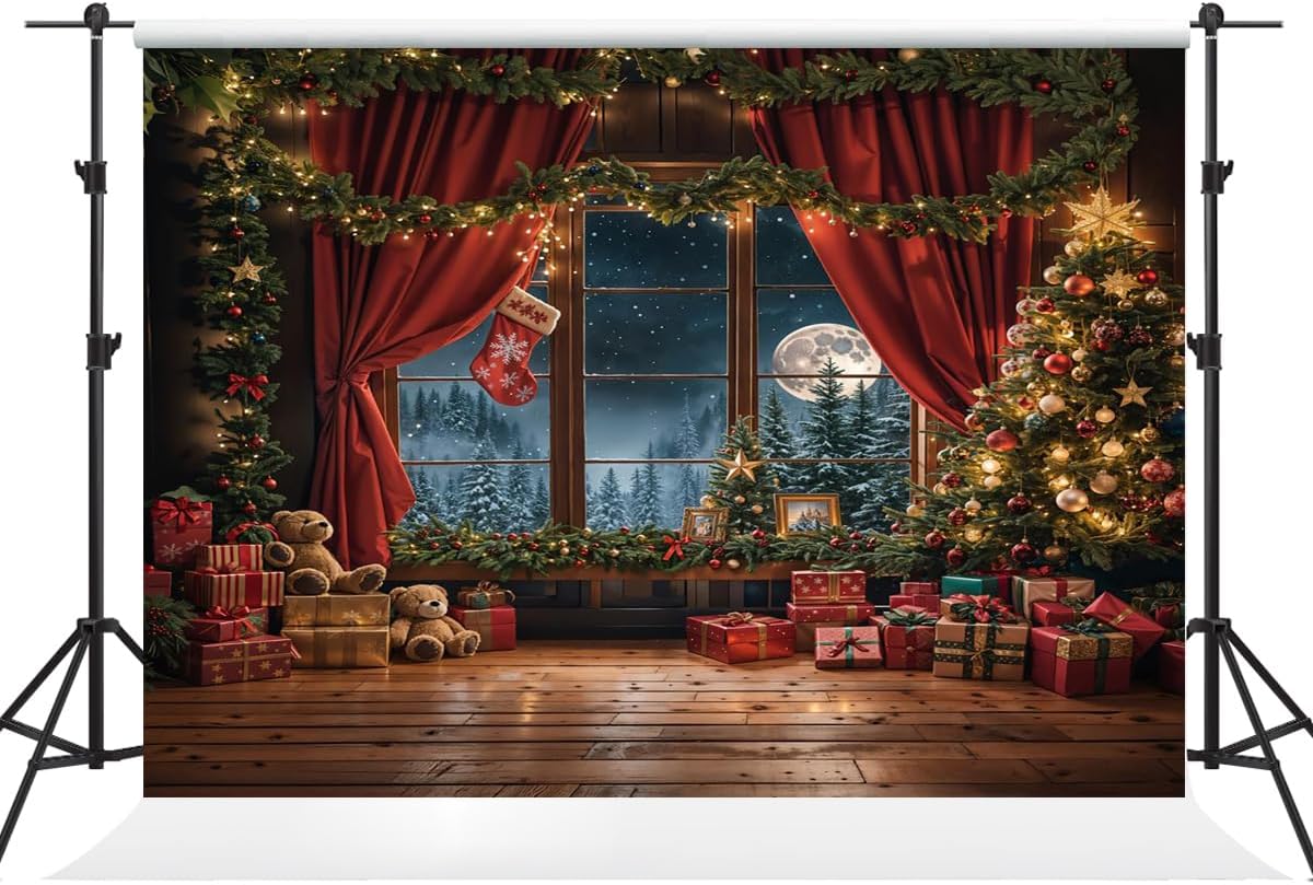 Kate 7×5ft Christmas Backdrop Photography Night View Outside The Window Christmas Tree Gifts Pine Leaf Backdrop Xmas Family Party Banners Photography Studio Props for Photo Videos