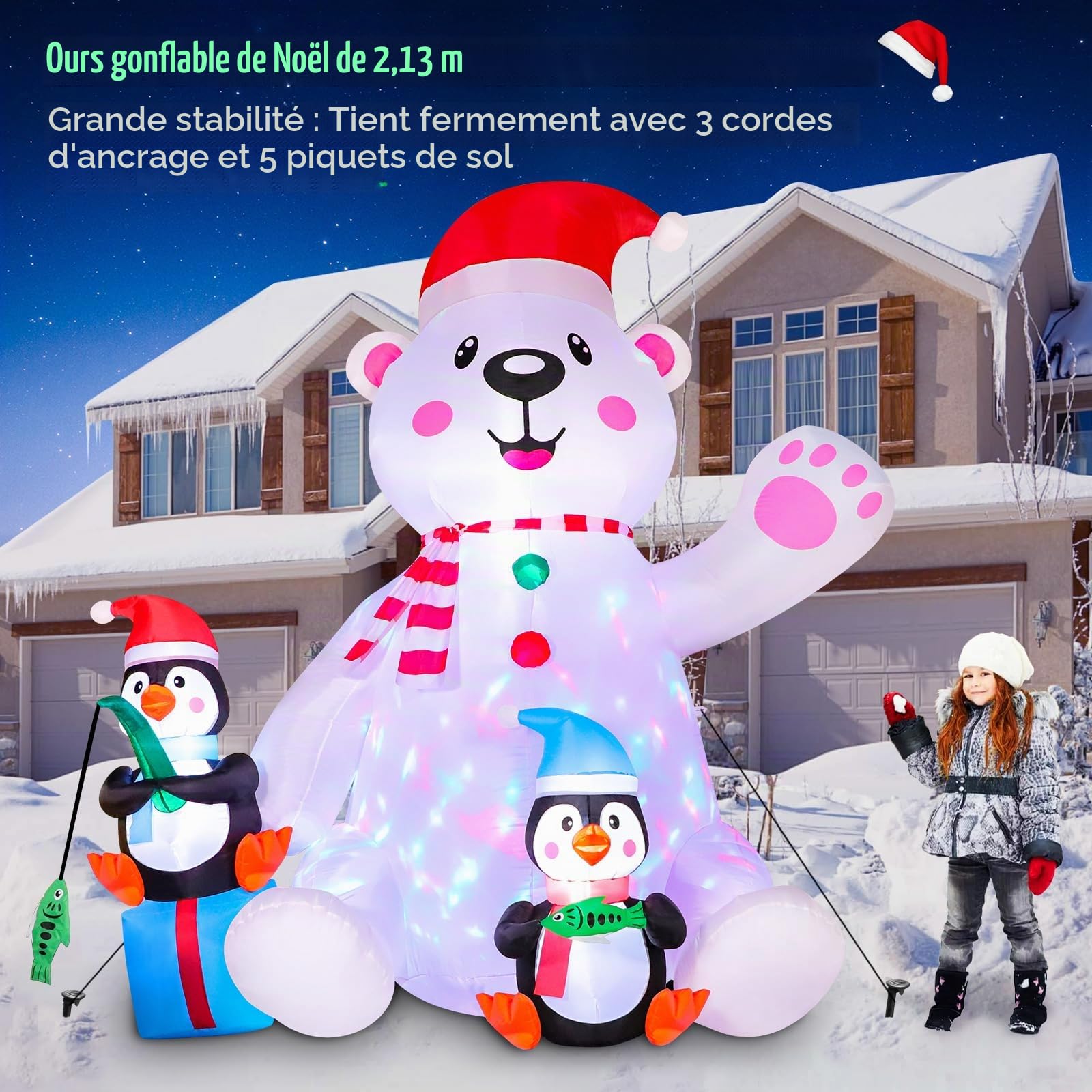 Aimosen Ours Polaire Gonflable de Noël, Décorations Intérieures et Extérieures avec Lumières LED, Blanc, 7FT