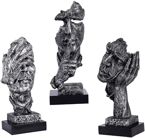 LEPENDOR Abstract and Creative Desk Decorations The Thinker Statue - Handcrafted Silent Men Statues Resin Abstract Sculpture Office Home Decor Figurine Gift (No Hear Silver)