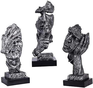LEPENDOR Abstract and Creative Desk Decorations The Thinker Statue - Handcrafted Silent Men Statues Resin Abstract Sculpture Office Home Decor Figurine Gift (No Hear Silver)