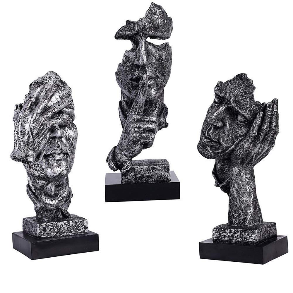 LEPENDOR Abstrakter und kreativer Schreibtisch Dekorationen Die Gesichtsdenker Statue, Handgefertigte Stille Männer Statuen Harz Abstrakte Skulptur Büro Home Decor Figur Geschenk - Kein See, Silber