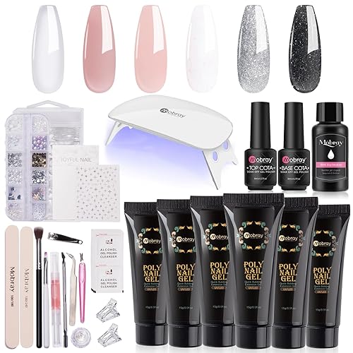 Mobray Kit de gel de extensión de uñas de polietileno, iniciador, 6 colores populares, transparente, nude, rosa, brillantina, negro, plateado