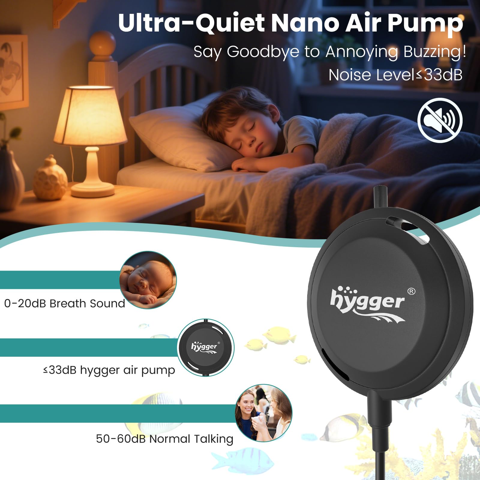 hygger Air Pump Aquarium Silent, Fish Tank Air Pump 1.5W, ≤33 dB, Powerful Single Outlet Aquarium Aerator, 420ml/Min - Image 2