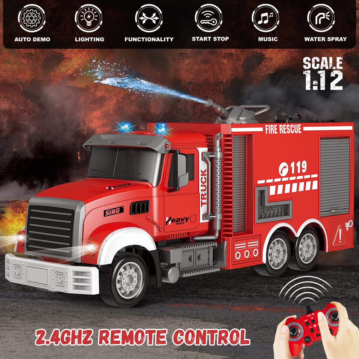 2.4Ghz 11 Channel Rotating Turret Toy Remote Control Fire Truck 13 ...