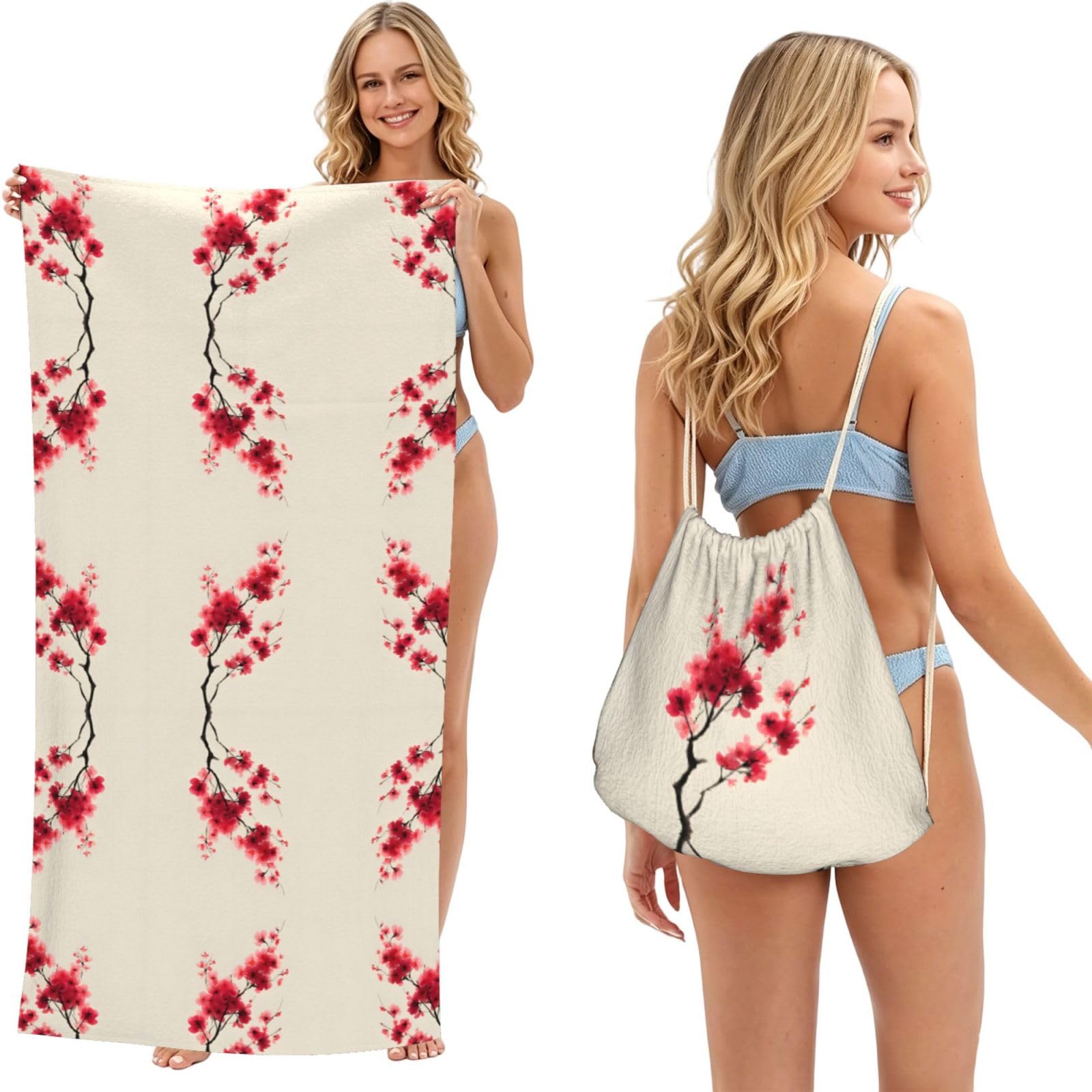 ESNAIUVCD Cherry Blossoms Print Beach Towel For Adults,Towel With Drawstring Bag, Travel Pool Swimming Sports Shower Sand Free Quick Dry Bath Towel For Pool, Beach, Yoga- 180x60cm