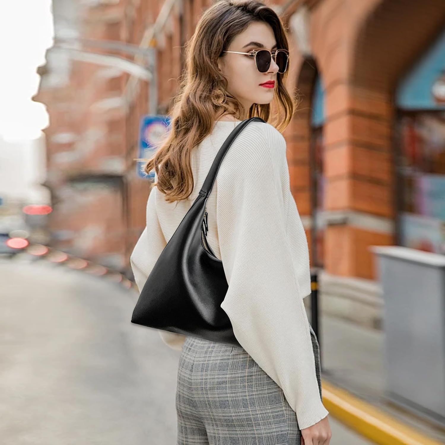 Leather Hobo Bag Small Shoulder Purses for Women Slouchy Tote Handbag Vegan Leather Crescent Bag - Image 2