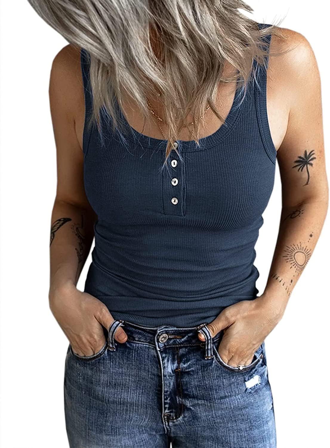 Fessceruna Damen Tops Sexy U-Ausschnitt Tank top Ärmellos Sommer Oberteile Gerippt Camisole mit Knöpfen