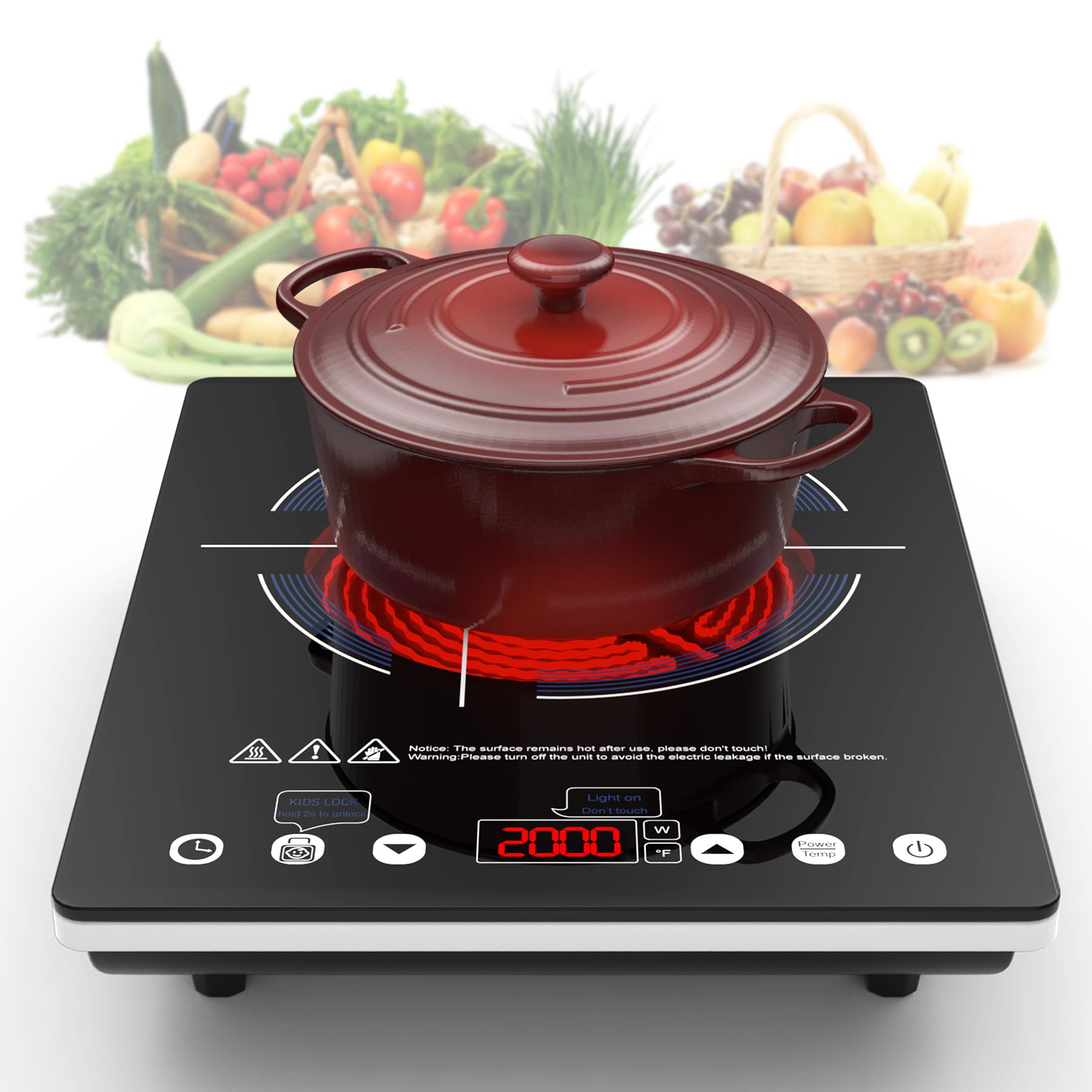 VBGK Portable Ceramic Hob 2000W, Pulg in Electric Ceramic Hob, Single Electric Hob with 4-Hour Timer, 10 Power Levels, Safety Lock & Sensor Touch, Residual heat Remind, 220V-240V