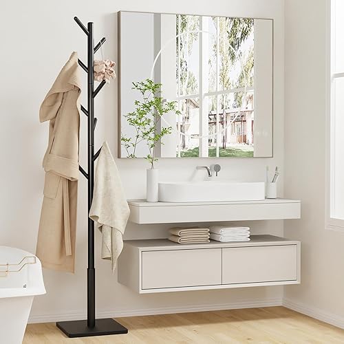 Miniatura 10 de YheenLf Perchero independiente con base cuadrada estable para abrigos, sombreros, utilizado en dormitorio, oficina y entrada, resistente y fácil de