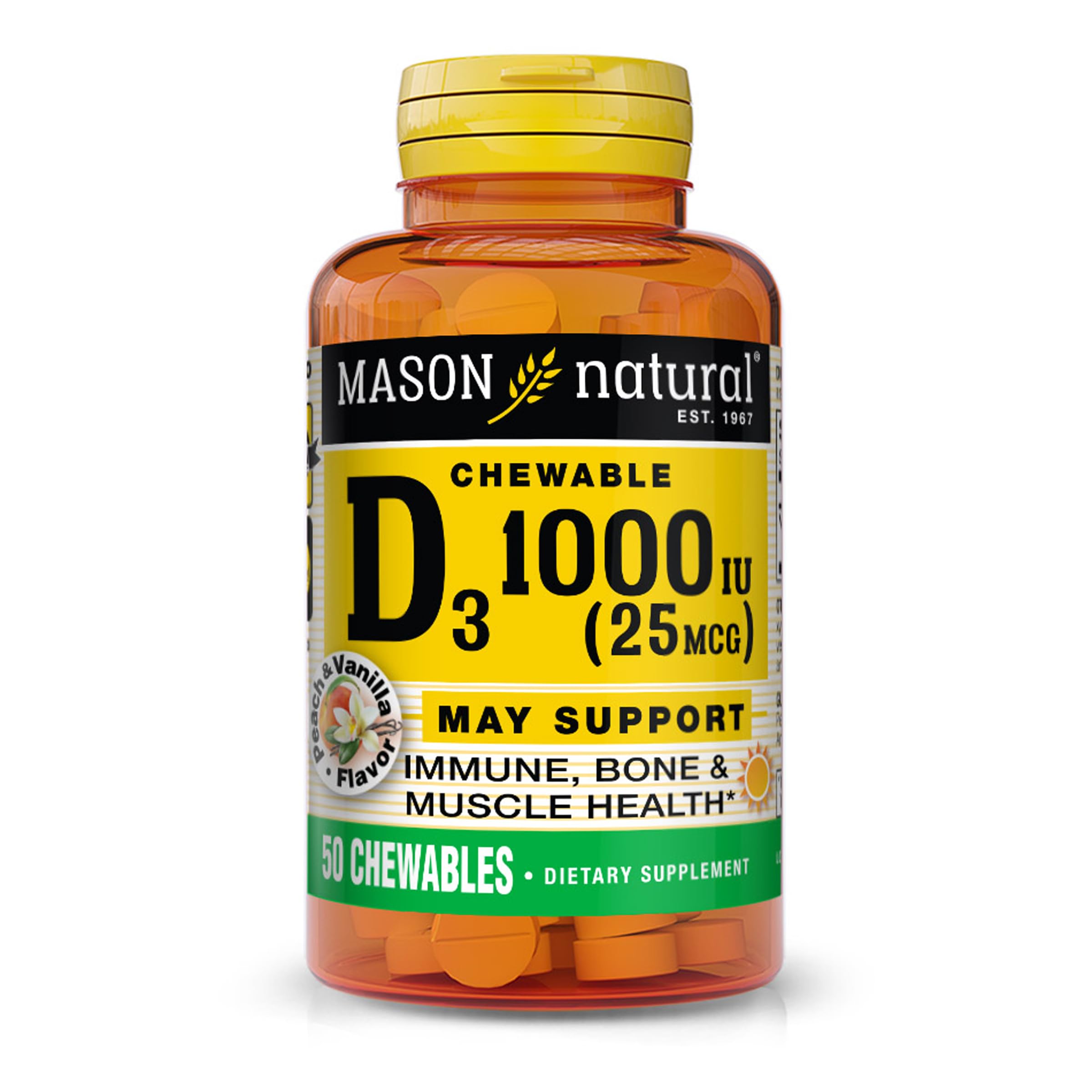 MASON NATURAL Vitamin D3 1000 IU (25 mcg), Peach Vanilla Chewable Tablets for Adults & Kids to Support Muscle Function, 50-Day Supply (Pack of 1)