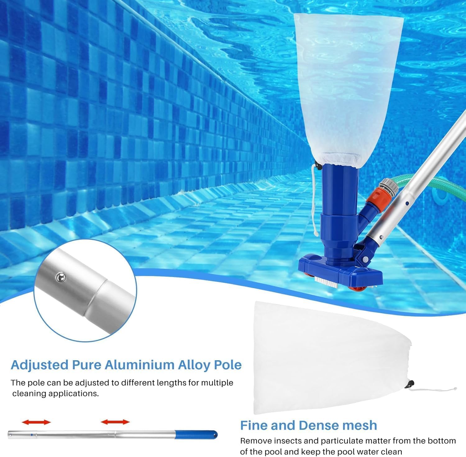 Aspirador de Piscina, Aspiradora de Fondo de Piscina Portátil con 180cm mástil, Aspirador de Piscina Manual Pequeña con Cepillo y Bolsa de Malla para Bañera de Hidromasaje de Fuente SPA Piscina