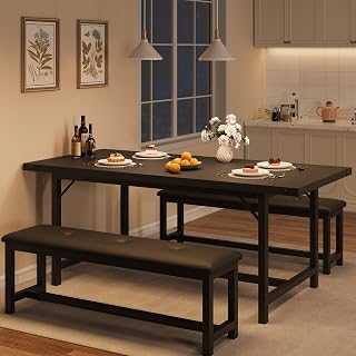 IDEALHOUSE 3 Piece Dining Table Set for 4-6, 63" Extendable Thick Metal Frame Kitchen Table with 2 Upholstered Benches Set for 6, Rectangle Wooden Dinette Table Set for Dining, Apartment, Retro Black