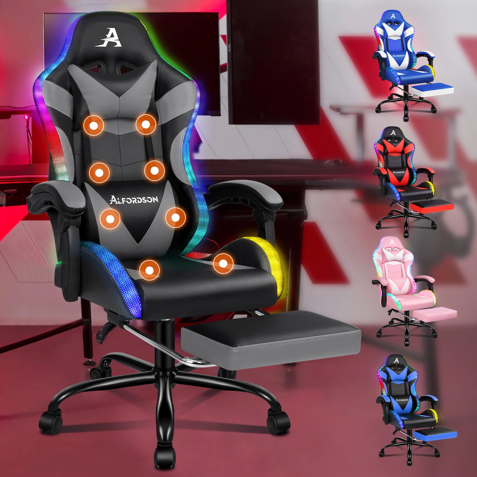 ALFORDSON Gaming-Stuhl Massage LED Rennstuhl, ergonomischer Bürostuhl Schreibtischstuhl 150° Neigung, einziehbarer Fußstütze, PU-Leder, höhenverstellbar, 180 kg Tragkraft, 360° DrehstuhlGrau