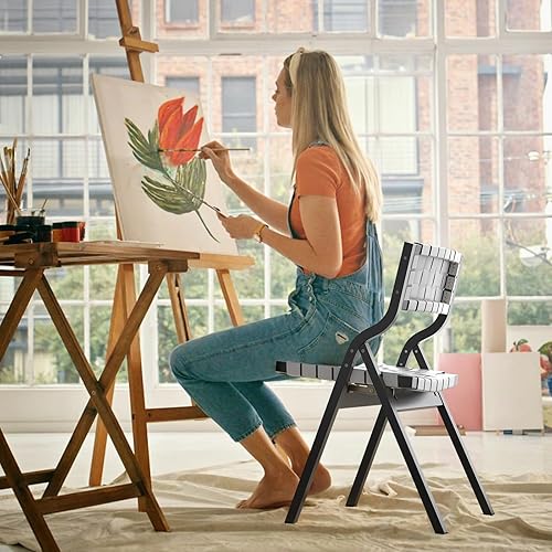 Miniatura 4 de Wood Folding Chairs Foldable Chairs Wooden Indoor Stackable Dining Chairs for Kitchen & Dining Room Chair Woven Seat Webbing Back Set of 2 Black