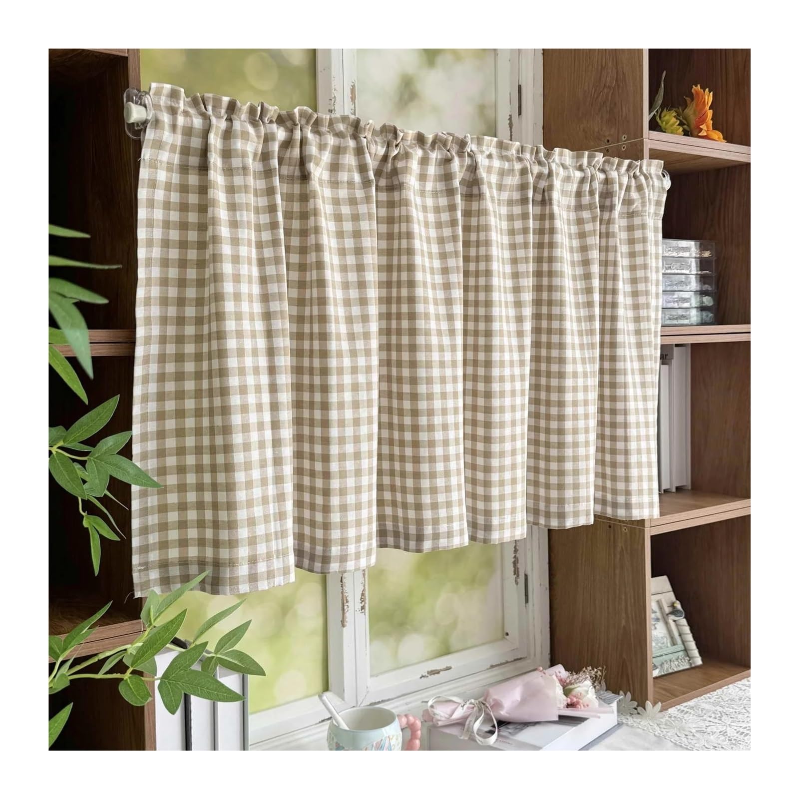 OZLCUA Short Curtains 1PC Modern Apricot White Lattice Short Curtain For Kitchen Small Window