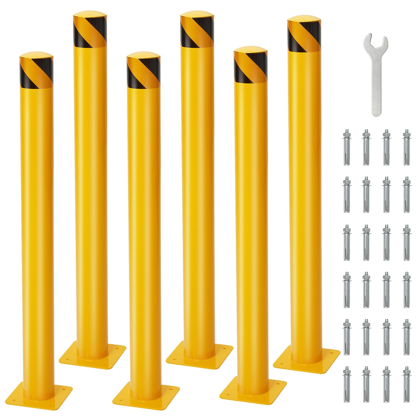 6 Pack 48"" Safety Bollard Post, 4.5"" Pipe Diameter Steel Safety Barrier Bollard, Bolt-On, Bright Yellow High Visibility Safety Parking Barrier Post