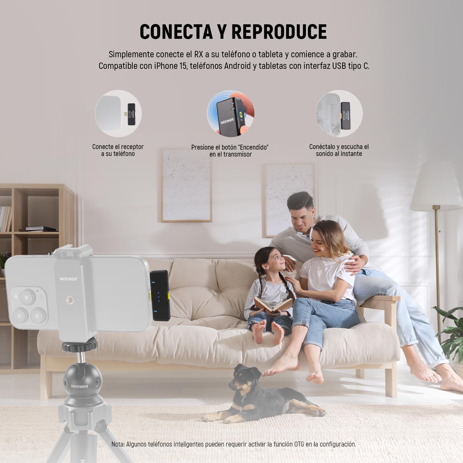 NEEWER Kit Micrófono Inalámbrico para iPhone 16 15 Pro MAX iPad Android, Micrófono Lavalier Solapa con Cancelar Ruido con Receptor USB C y Estuche de Carga, Micrófono Mini Lav con Clip, KM15