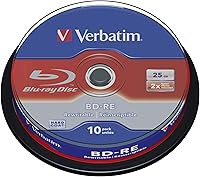 Verbatim BD-RE 25GB 2X Rewritable Blu-ray Discs 10-Pack Spindle, White Branded Surface - Scratch-Resistant Archival Media