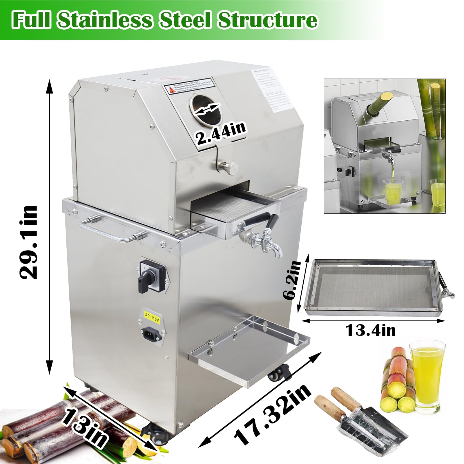 EQCOTWEA Electric Sugarcane Juicer, Sugarcane Press Machine, Three-roller juicer with Crushing Roller, 84% High Juicing Rate, Fully Stainless Steel Commercial Sugarcane Juice Press Extractor 300kg/h