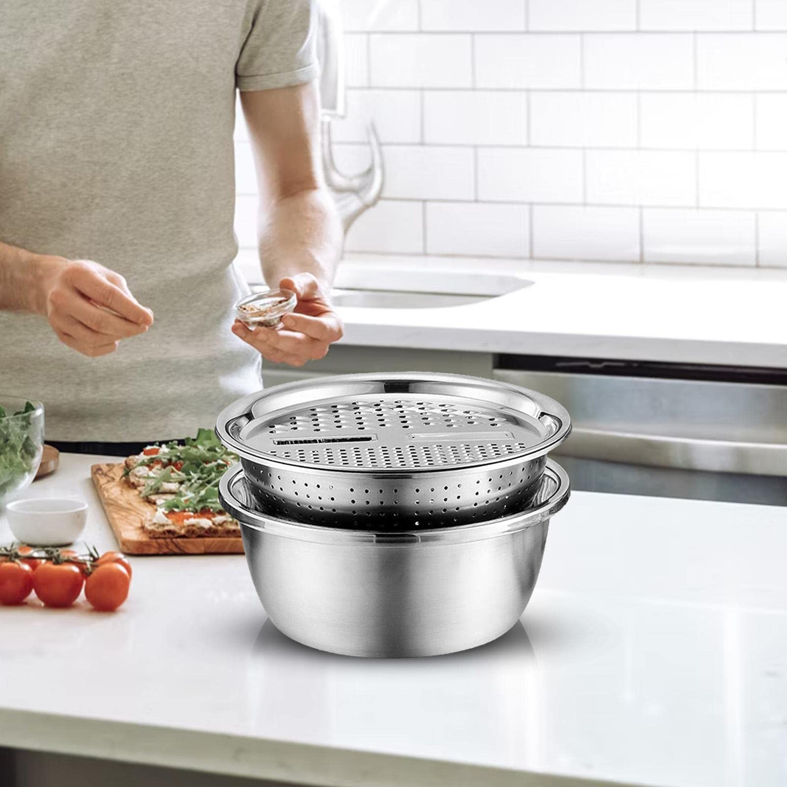 Bol Mélangeur Acier Inoxydable Passoire Râpe Saladier Polyvalent Résistant à La Rouille Convient pour Découpe et Mélange Cuisine Maison, 28 cm