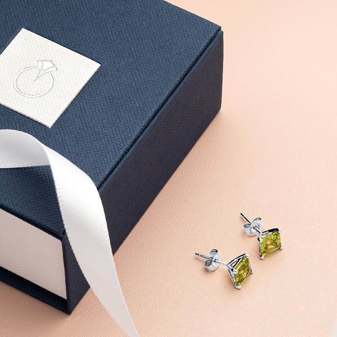Peora Solid 14K White Gold Peridot Stud Earrings for Women, Genuine Gemstone Classic Solitaire Princess Cut, 6mm, 2 Carats total, Friction Back, Real 14K Gold Earrings Peridot Jewelry,