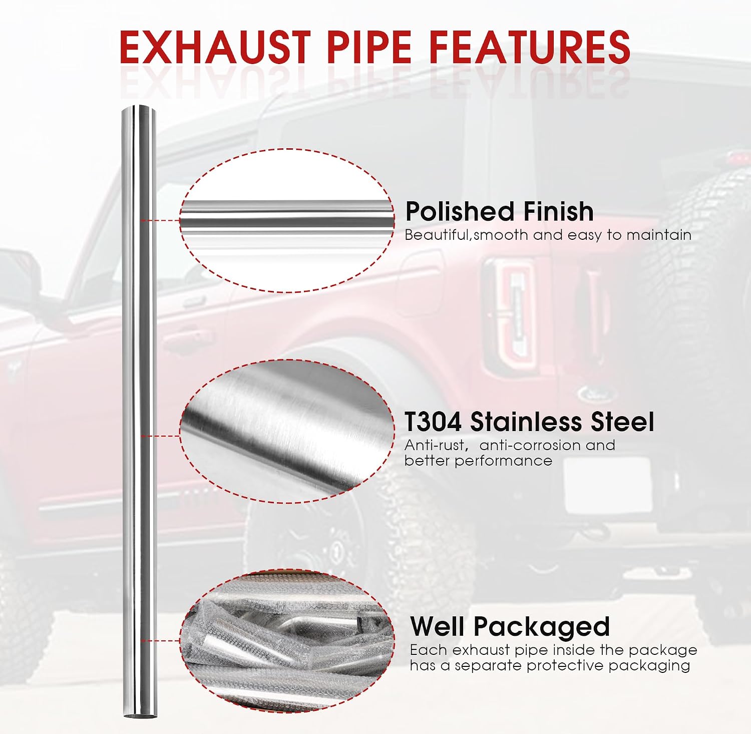 Richeer 2.5 inch O.D. T304 Stainless Steel DIY Custom Exhaust Tubing Mandrel Exhaust Pipe Straight Pipe, 47.3 Inch Length,Polished Surface,Universal Fit (2PC)