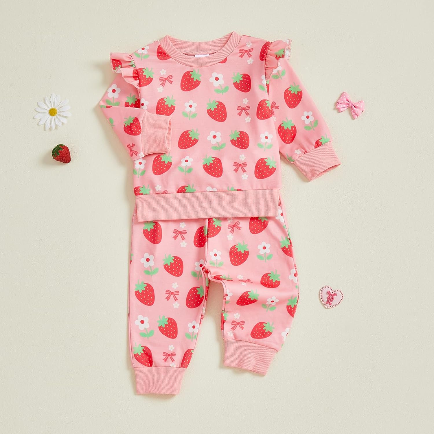 Lefyira Baby Girl Strawberry Outfits Toddler Sweatshirt Pullover Tops and Pants Set Strawberry Birthday Outfit Spring Clothes - Image 5