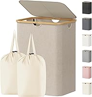 Vista 15 de Lifewit Cesta de lavandería de 80 litros con tapa, cestas de ropa para lavandería con asas de bambú y una bolsa de lavandería extraíble, cesta