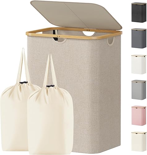 Vista 14 de Lifewit - Cesta para ropa sucia de 100L con tapa, cestas para ropa con asas de bambú y una bolsa extraíble, cesta grande plegable para ropa sucia