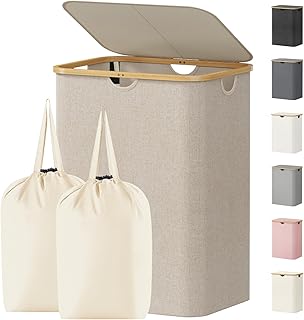 Lifewit 150L Large Laundry Basket with Lid, 2 Removable Bags, Beige