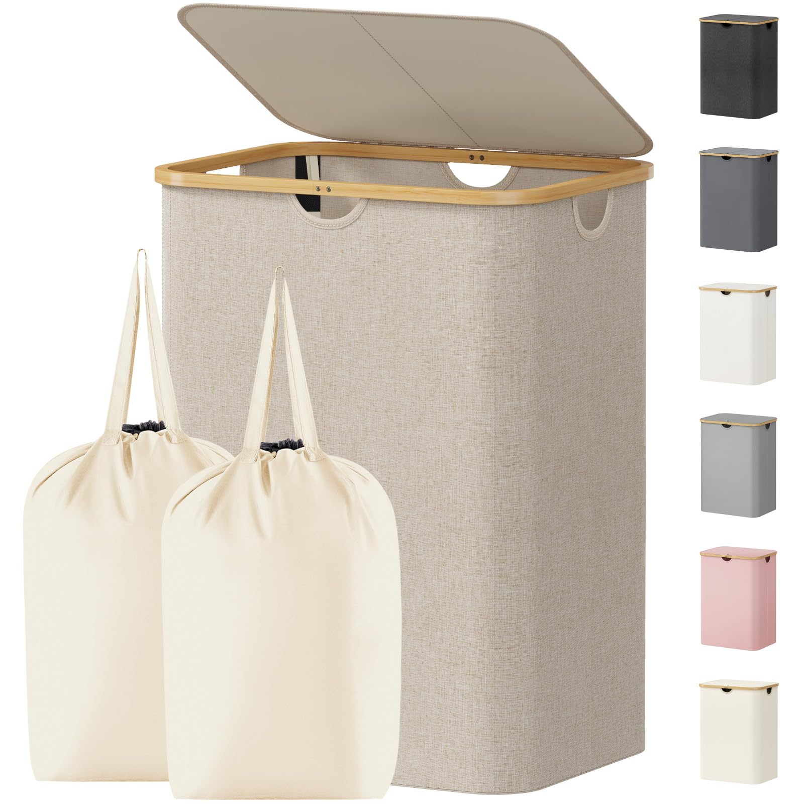 Lifewit 150L Laundry Basket with Lid, Double Dirty Clothes Bin with Bamboo Handles and 2 Removable Bags, Large Foldable Washing Basket for Bedroom, Bathroom, Dorm, Laundry Room, Beige