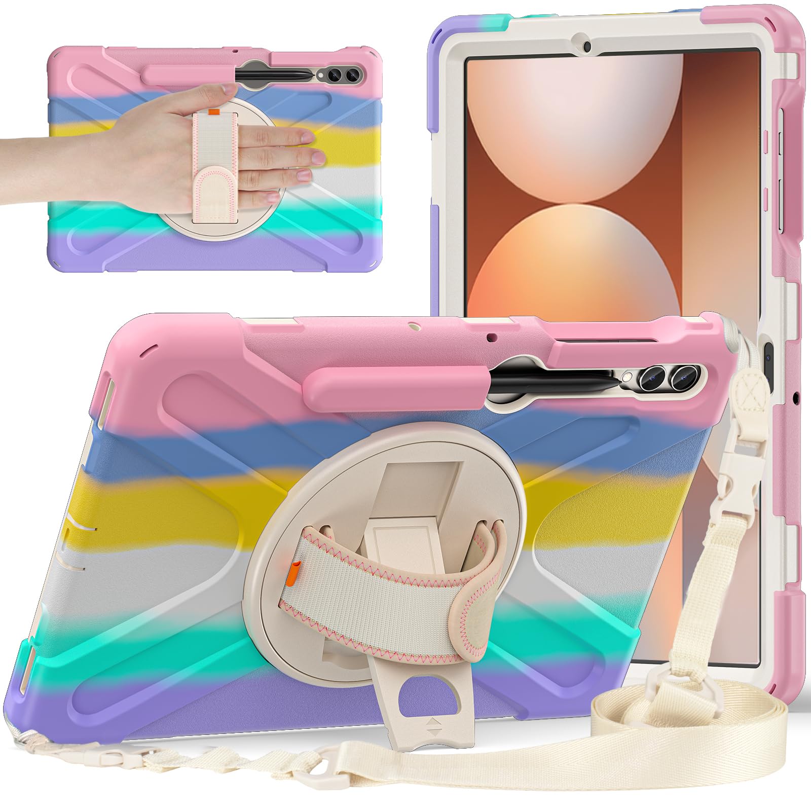 Étui robuste compatible avec Samsung Galaxy Tab S10+ Plus/S9 FE+ Plus 12,4" (SM-X826/X610) - Étui en silicone avec porte-stylo S - Support - Poignée - Bandoulière (Rose C)