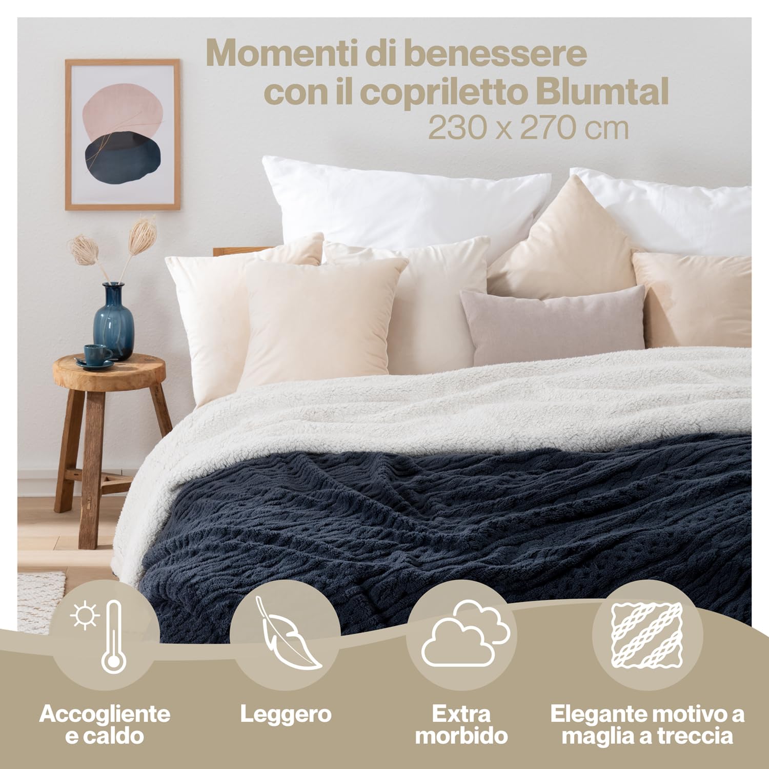 Blumtal Coperta Pile 230x270 cm Con Disegno a Treccia - Plaid Divano Invernale Matrimoniale Con Certificato OEKO-TEX - Caldo e Morbido - Blu Navy/Bianco