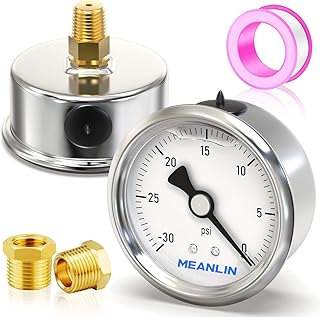 MEANLIN MEASURE -30~0Psi Stainless Steel 1/4" NPT 2.5" Single Scale FACE DIAL,Glycerin Filled Fuel Pressure Gauge,Liquid F...