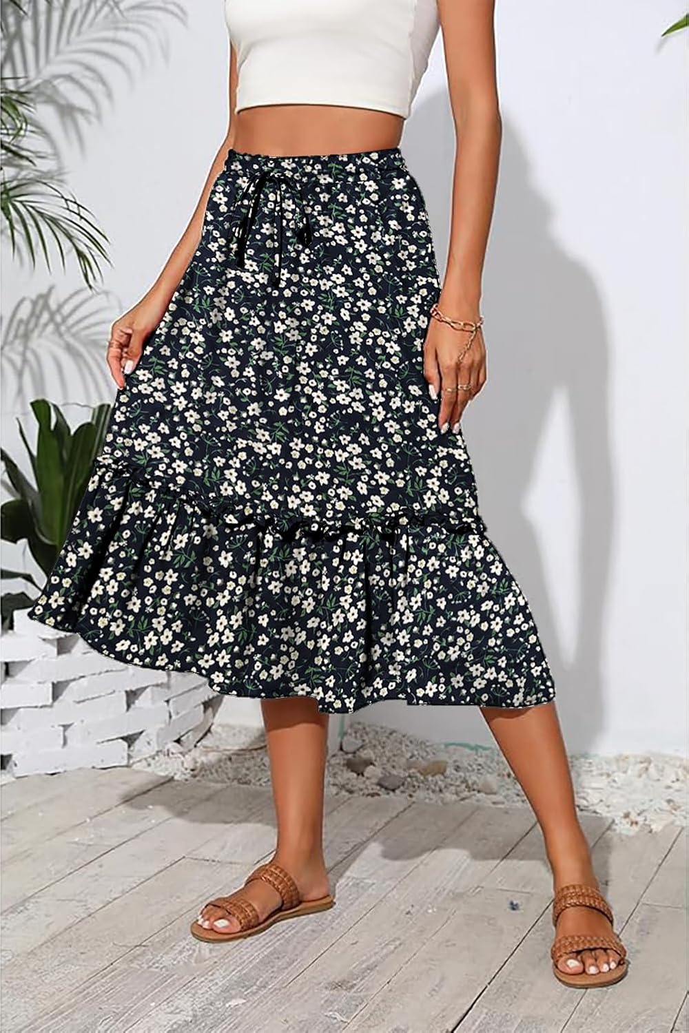Women's High Elastic Waist Midi Skirt Casual Trendy Floral Print A line Skirts - Image 3