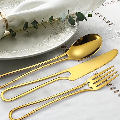 Miniatura 5 de A  HOUSEWARE Gold Hanging Flatware Set 4 Hollow Handle Stainless Steel Silverware 20 Pieces Forks Spoons and Knives Durable Safe Dishwasher