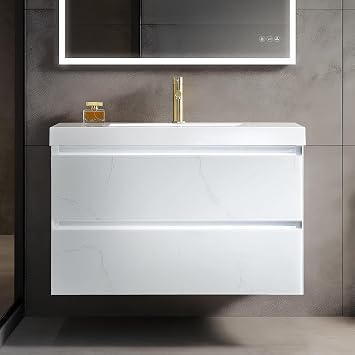 Blossom LED Lighted 36 inch Bathroom Vanity with Sink | Wall Mounted Floating Bathroom Vanity with Dimmable LED Lights | Modern Floating Design for Bathrooms | 36" w/Acrylic Sink, Calacatta White