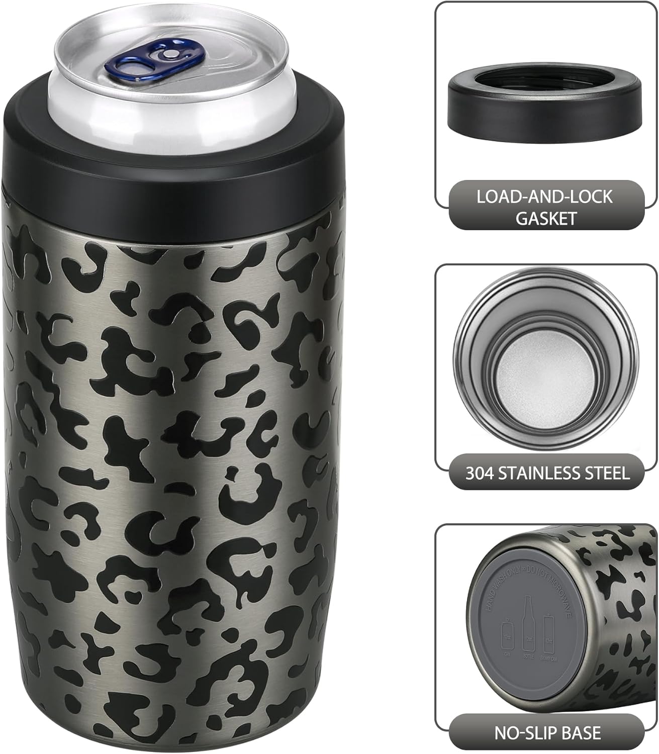 MAXSO Slim Can Cooler, 4-in-1 Double Walled Stainless Steel Insulated Beer Can Holder, Works With All 12 Oz Cans,Bottles & As A Pint Cups - Black Leopard - Image 5