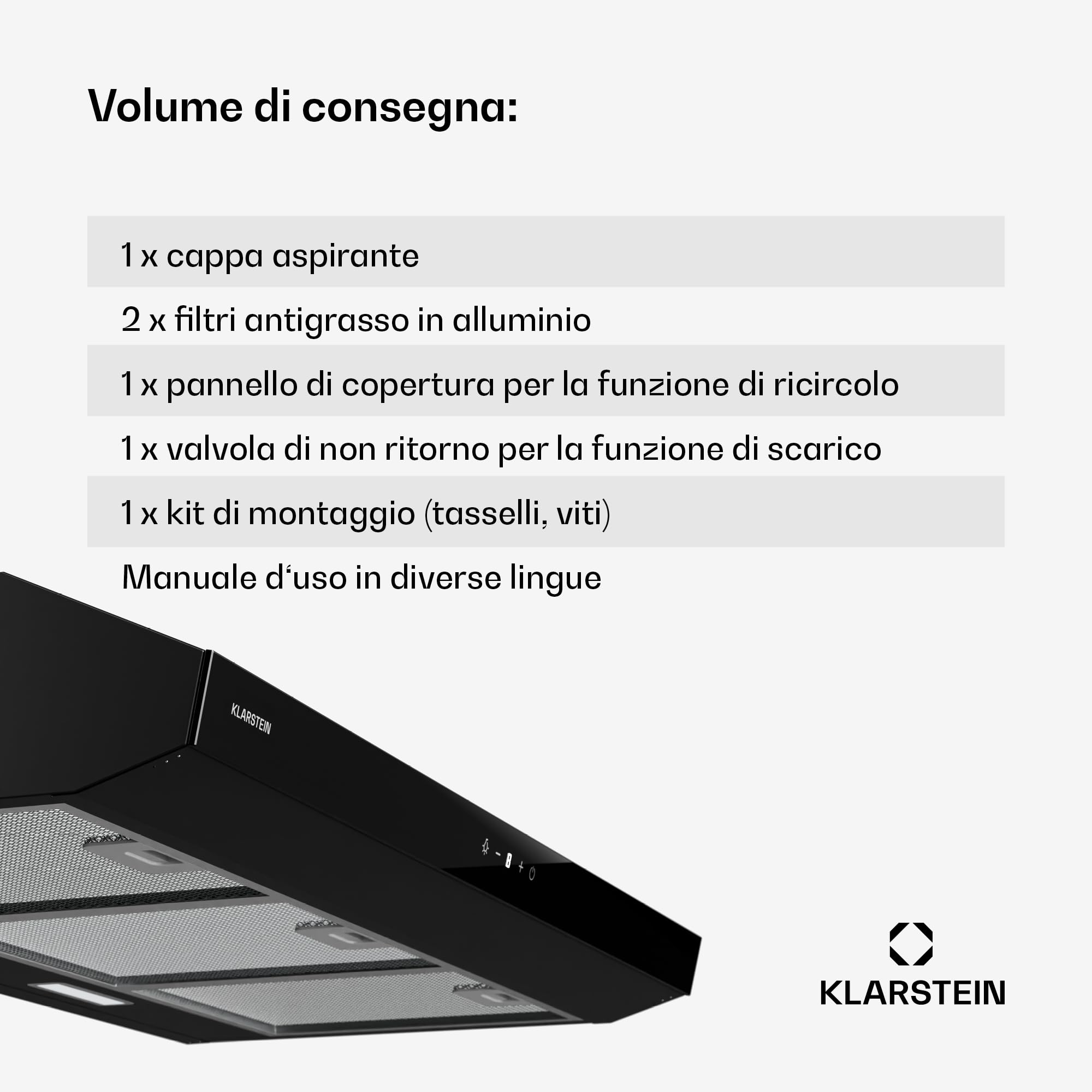 Klarstein Cappa Aspirante a Incasso, Cappa Cucina con Filtro, Cappa Aspirante Cucina in Alluminio, Cappa da Parete con Flusso d'Aria 175m³/h, Illuminazione LED, Timer, Cappa Aspirante Filtrante