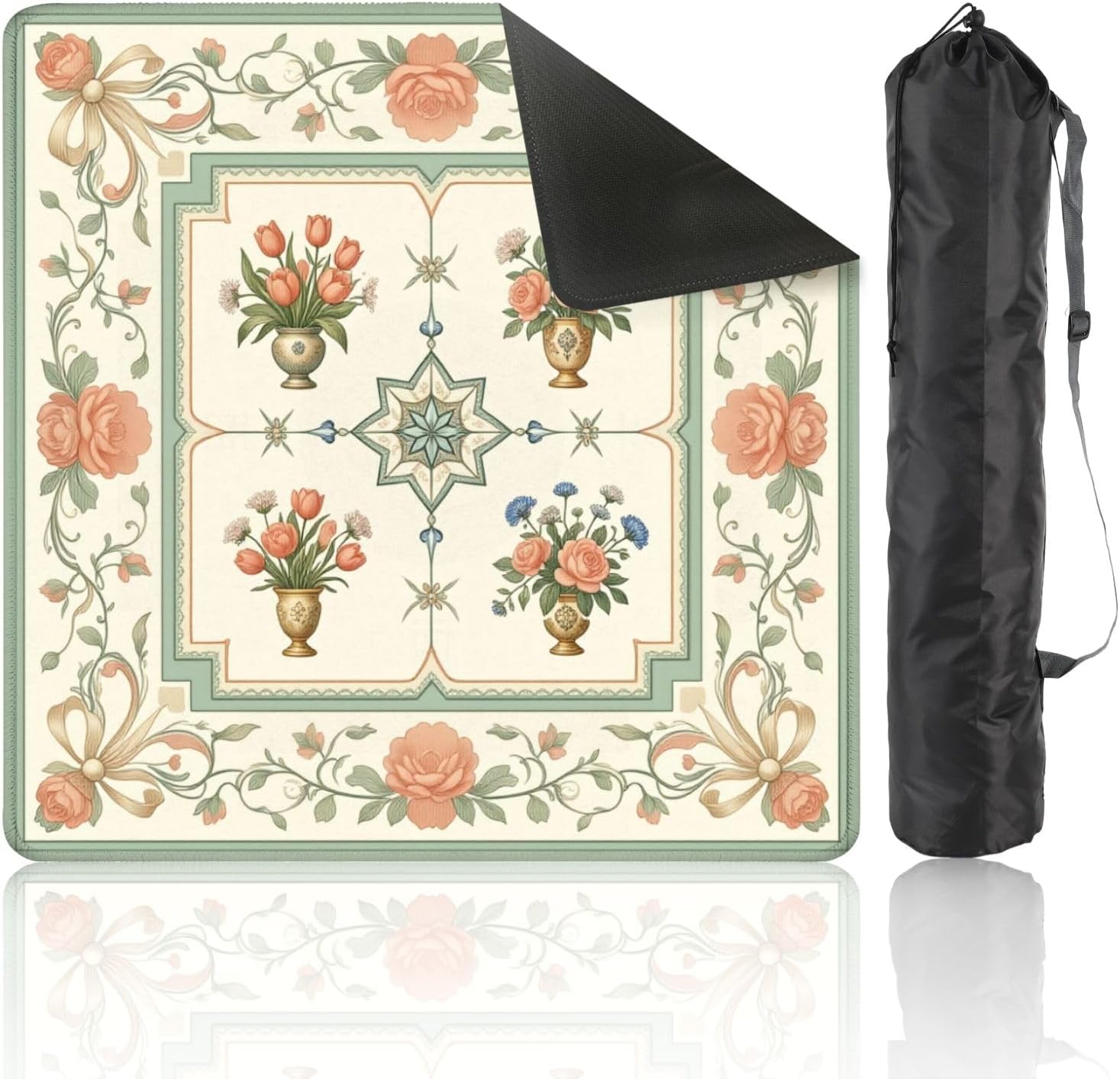 Mahjong Mat with Carrying Bag 31.5" x 31.5" Non-Slip Noise Reduction Vintage Floral Vases Tulips Roses Soft Pastels Table Mat for Mahjong Poker Dominoes Card Board Tile Games