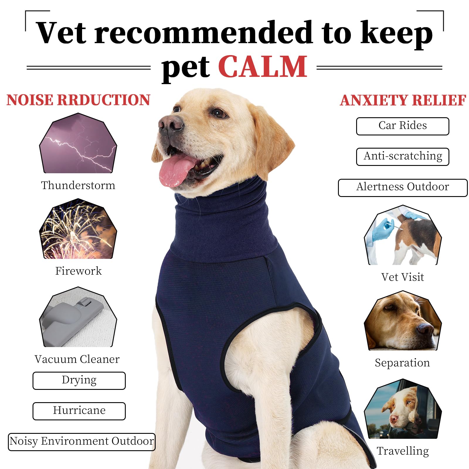 ROZKITCH Veste pour Chiens, Gilet apaisant Contre l'anxiété pour Chiens, Chemise Respirante pour séparation, Feux d'artifice et Voyage, Enveloppement Confortable, Bleu Marine, Taille L