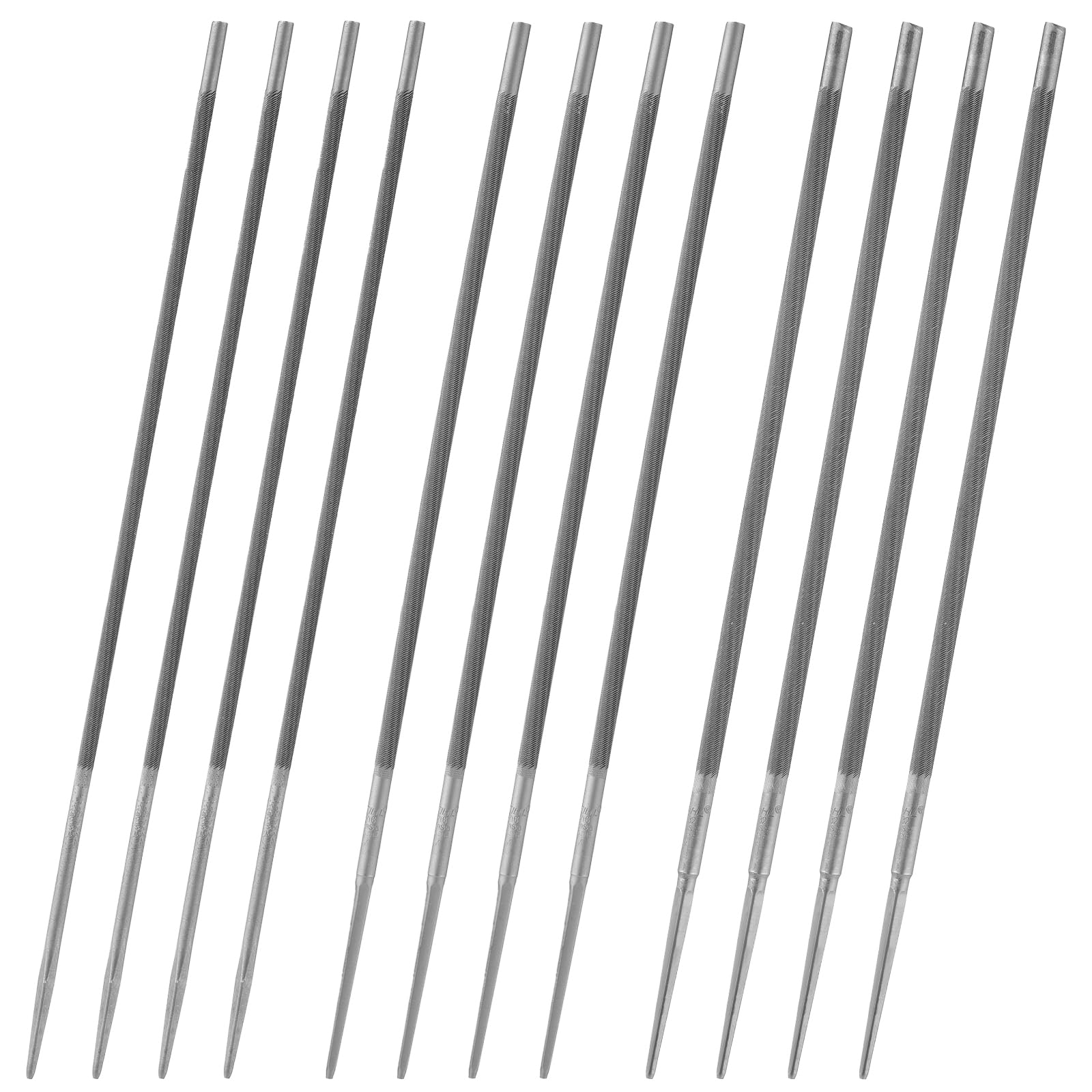 DoubleFill 12 limas de sierra de cadena a granel en 3 tamaños de 5/32 pulgadas + 3/16 pulgadas + 7/32 pulgadas (4 mm + 4,8 mm + 5,5 mm) para afilar cadenas de motosierra, paquete de limas redondas de