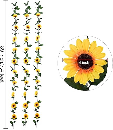 Miniatura 4 de DearHouse Paquete de 3 guirnaldas de girasoles artificiales de seda con hojas verdes para mesa de boda, decoración del hogar