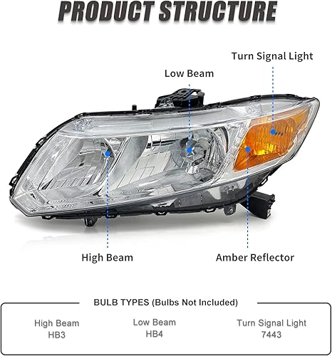 Miniatura 3 de ADCARLIGHTS Para 2012 2013 2014 2015 Civic 4DR Sedan Conjunto de faros delanteros compatible con Honda Civic 2DR Coupé 12-13 lente transparente
